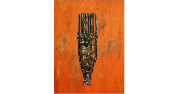 Abstract painting on an orange textured background featuring a central comb-shaped form inspired by an African hair comb. The object appears aged with dark, earthy textures and vertical teeth rising upward, symbolizing heritage, beauty, and cultural identity. Artwork created by Serj Éty’n.