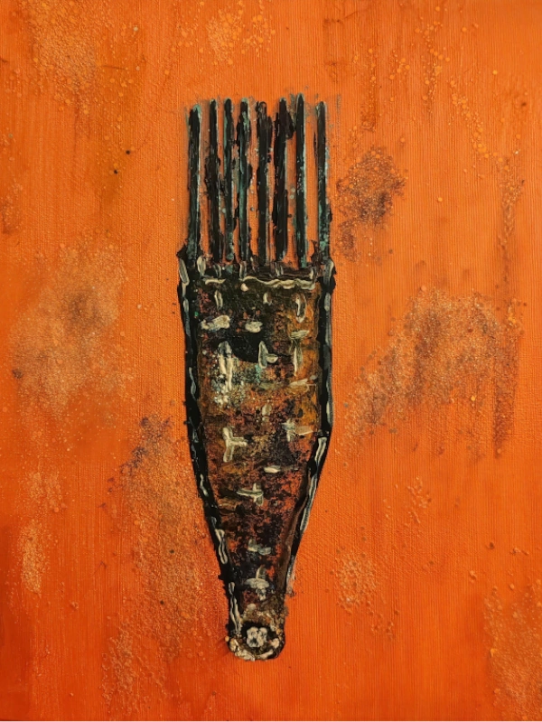 Abstract painting on an orange textured background featuring a central comb-shaped form inspired by an African hair comb. The object appears aged with dark, earthy textures and vertical teeth rising upward, symbolizing heritage, beauty, and cultural identity. Artwork created by Serj Éty’n.