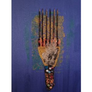 Ebony Beauty Heritage by Serj Éty’n — framed mixed-media artwork displayed in a modern living room, featuring a stylized Afro comb on a deep blue background with textured glitter, dark vertical spikes, and colorful bead details symbolizing Black heritage and identity.