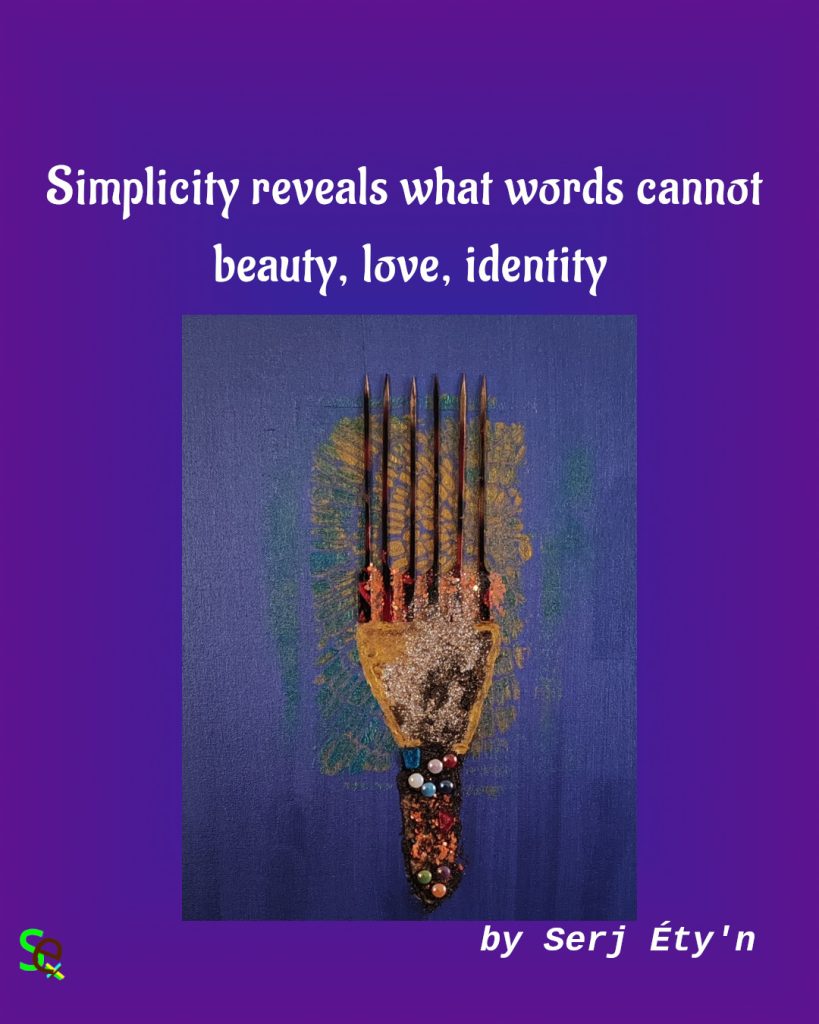 Digital artwork featuring an abstract painting by Serj Éty’n accompanied by an inspirational quote. The visual combines expressive textures, vivid colors, and symbolic forms, reflecting themes of resilience, identity, nature, and spiritual strength. The design includes the artist’s signature and text integrated into the composition.