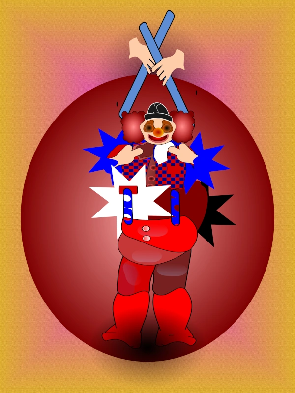 Colorful satirical illustration of a clown-like president figure standing in a red oval spotlight against a blue background, wearing exaggerated red boots and circus-style clothing while puppet-like hands above hold crossed sticks, suggesting manipulation and political satire.