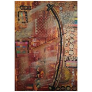 Abstract mixed-media painting featuring a stylized berimbau instrument in earthy red, orange, and brown tones. Layered textures include geometric shapes, tribal patterns, and organic forms, creating a vibrant Afro-inspired composition. Created by Serj Éty’n.
