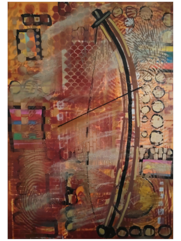 Abstract mixed-media painting featuring a stylized berimbau instrument in earthy red, orange, and brown tones. Layered textures include geometric shapes, tribal patterns, and organic forms, creating a vibrant Afro-inspired composition. Created by Serj Éty’n.