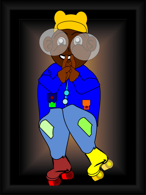 Framed colorful digital illustration of a thoughtful child character with oversized glasses and roller skates displayed in a modern teenager bedroom with skateboard, basketball and desk setup Created by Serj Éty’n.