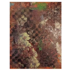 Abstract textured painting with earthy brown, red, and white tones, featuring layered organic patterns and subtle green accents, evoking a chaotic and strategic atmosphere inspired by the game of life, created by Serj Éty’n