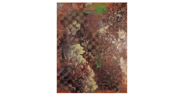 Abstract textured painting with earthy brown, red, and white tones, featuring layered organic patterns and subtle green accents, evoking a chaotic and strategic atmosphere inspired by the game of life, created by Serj Éty’n