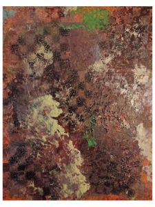 Abstract textured painting with earthy brown, red, and white tones, featuring layered organic patterns and subtle green accents, evoking a chaotic and strategic atmosphere inspired by the game of life, created by Serj Éty’n