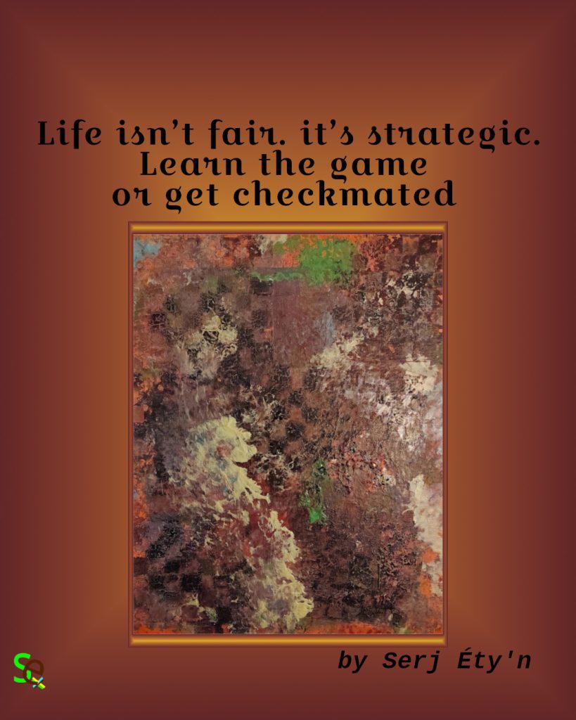Digital artwork featuring an abstract painting by Serj Éty’n accompanied by an inspirational quote. The visual combines expressive textures, vivid colors, and symbolic forms, reflecting themes of resilience, identity, nature, and spiritual strength. The design includes the artist’s signature and text integrated into the composition.