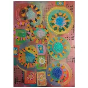 Abstract colorful composition with layered circular shapes resembling radiant suns, featuring bright textures and geometric patterns.