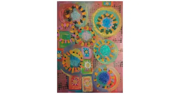 Abstract colorful composition with layered circular shapes resembling radiant suns, featuring bright textures and geometric patterns.