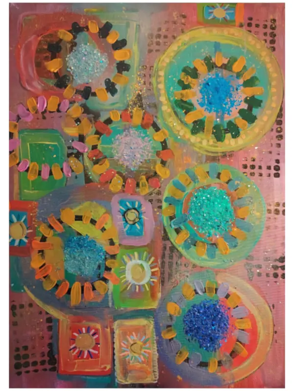 Abstract colorful composition with layered circular shapes resembling radiant suns, featuring bright textures and geometric patterns.