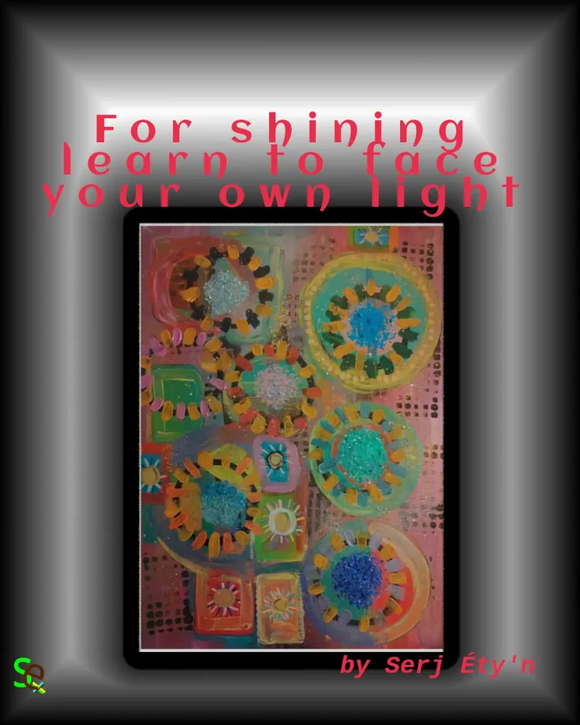 Digital artwork featuring an abstract painting by Serj Éty’n accompanied by an inspirational quote. The visual combines expressive textures, vivid colors, and symbolic forms, reflecting themes of resilience, identity, nature, and spiritual strength. The design includes the artist’s signature and text integrated into the composition.