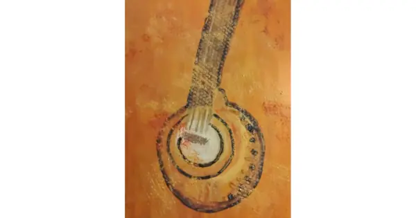 Abstract textured artwork titled “Enchanting Sound” by Serj Éty’n featuring a circular resonant form with layered orange tones and bubble-like textures symbolizing sound waves and vibration energy.