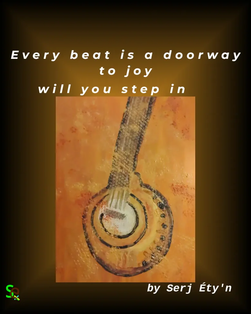 Digital artwork featuring an abstract painting by Serj Éty’n accompanied by an inspirational quote. The visual combines expressive textures, vivid colors, and symbolic forms, reflecting themes of resilience, identity, nature, and spiritual strength. The design includes the artist’s signature and text integrated into the composition.