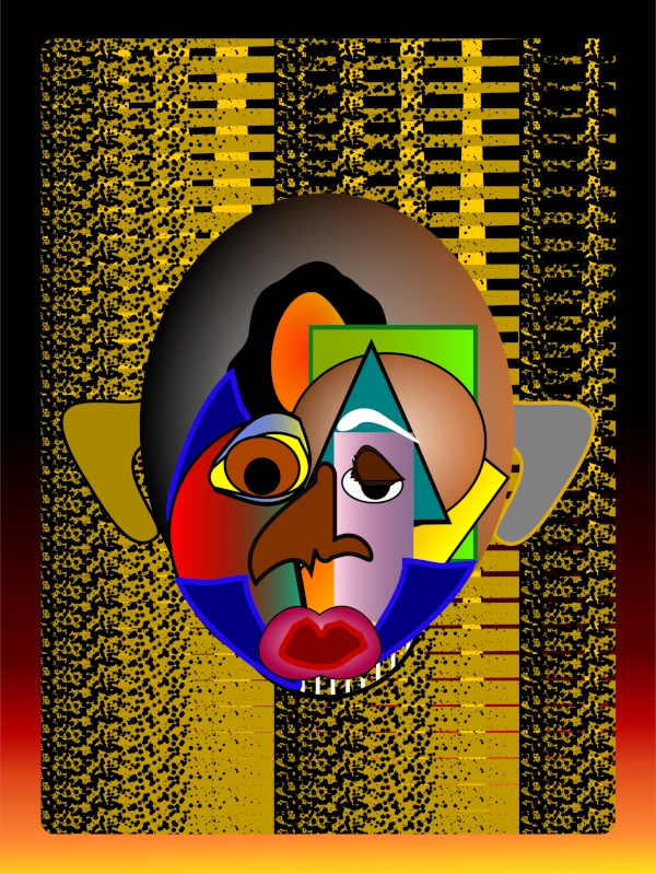 Framed abstract cubist ceremonial mask artwork by Serj Éty’n featuring vibrant geometric facial elements over a textured gold and black patterned background, displayed as contemporary wall art.