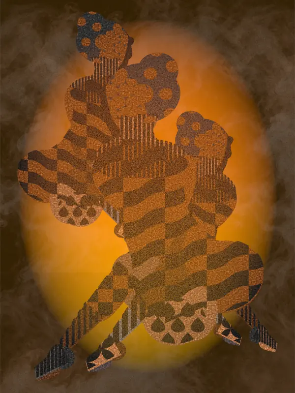 Abstract cubist illustration of three intertwined human figures with geometric patterns in warm orange and brown tones, set against a glowing circular background, symbolizing unity and movement at night. Created by Serj Éty’n.