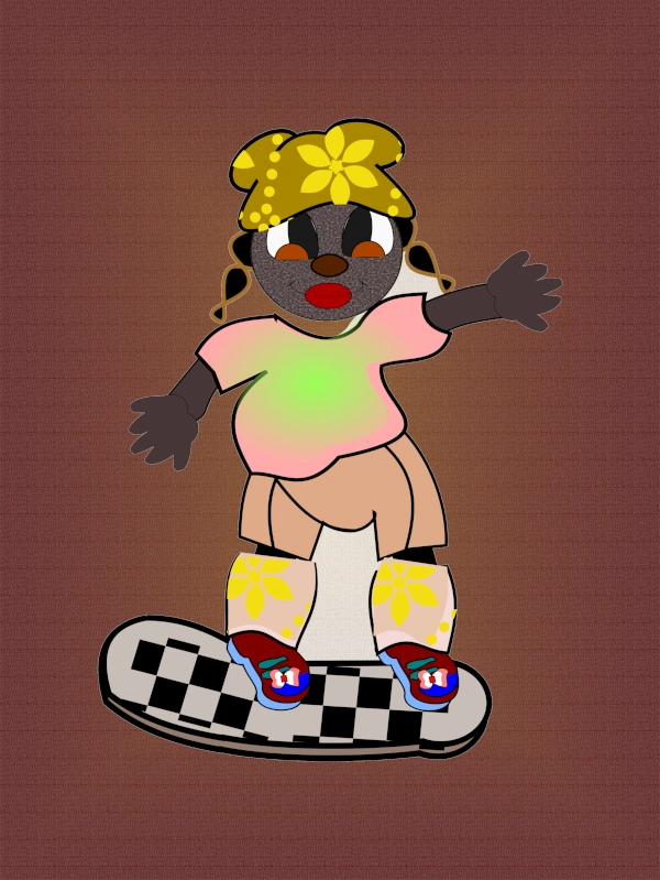 Colorful cubist-style artwork displayed in a modern teen girl bedroom, featuring a playful child character on a skateboard, symbolizing freedom and creativity. Created by Serj Éty’n.