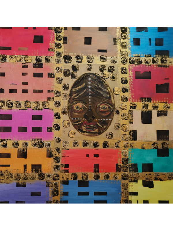 Abstract cubist painting titled "Maskilili" featuring a central stylized face with tribal dotted markings, surrounded by colorful geometric blocks in red, blue, orange, and black. Created by Serj Éty’n.