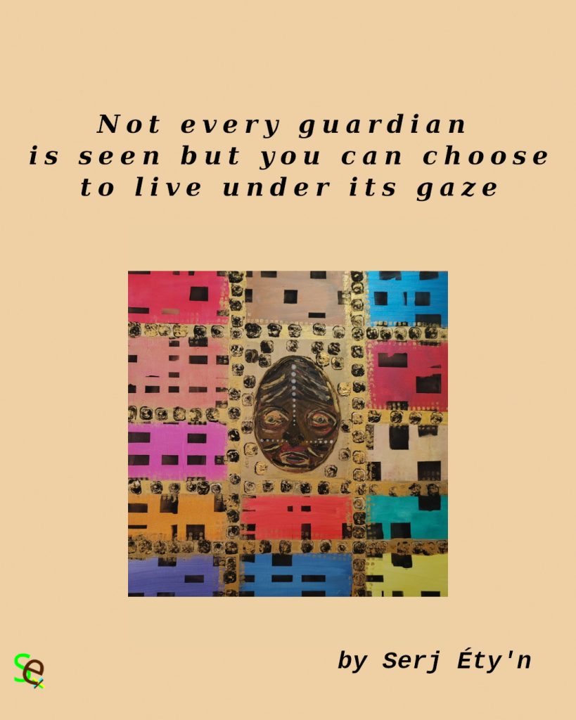 Digital artwork featuring an abstract painting by Serj Éty’n accompanied by an inspirational quote. The visual combines expressive textures, vivid colors, and symbolic forms, reflecting themes of resilience, identity, nature, and spiritual strength. The design includes the artist’s signature and text integrated into the composition.