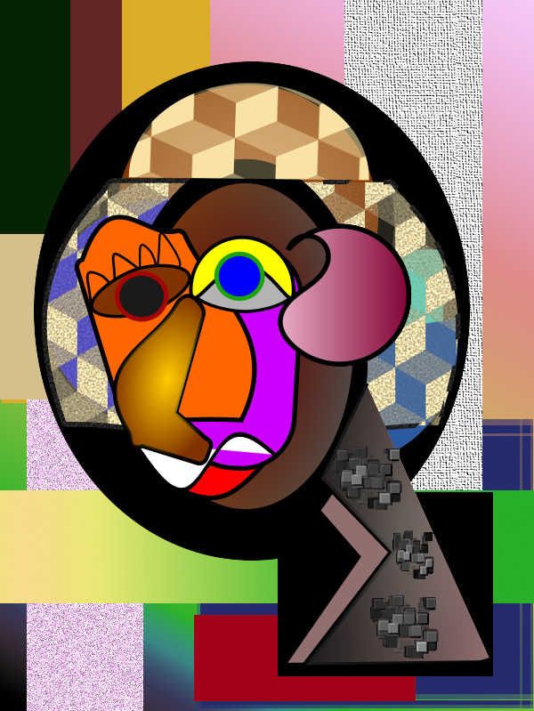 Contemporary abstract cubist portrait featuring a stylized Afro-inspired face with geometric shapes, vibrant colors, and a central symbolic eye, set against a textured multicolor background, created by Serj Éty’n.