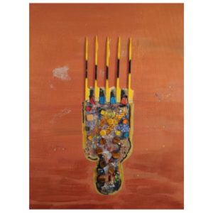 Contemporary mixed-media artwork featuring an abstract Afro hairstyle silhouette made of colorful textured elements on a warm orange background, created by Serj Éty’n.