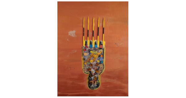 Contemporary mixed-media artwork featuring an abstract Afro hairstyle silhouette made of colorful textured elements on a warm orange background, created by Serj Éty’n.