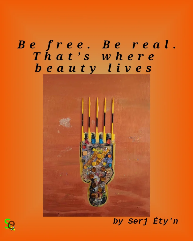 Digital artwork featuring an abstract painting by Serj Éty’n accompanied by an inspirational quote. The visual combines expressive textures, vivid colors, and symbolic forms, reflecting themes of resilience, identity, nature, and spiritual strength. The design includes the artist’s signature and text integrated into the composition.