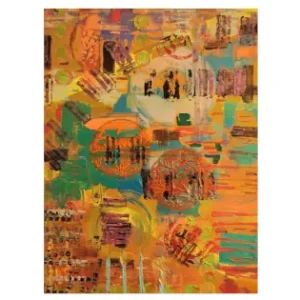 WISH UNDER FALLING STARS A vibrant constellation of emotion and abstraction unfolds in Wish Under Following Stars. Abstract cubist artwork with vibrant orange, turquoise, and earthy tones featuring layered textures, circular celestial shapes, and expressive brush strokes, symbolizing movement, wishes, and cosmic energy Created by Serj Éty’n.