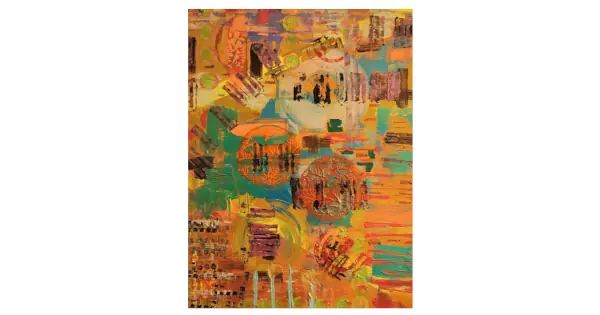 WISH UNDER FALLING STARS A vibrant constellation of emotion and abstraction unfolds in Wish Under Following Stars. Abstract cubist artwork with vibrant orange, turquoise, and earthy tones featuring layered textures, circular celestial shapes, and expressive brush strokes, symbolizing movement, wishes, and cosmic energy Created by Serj Éty’n.