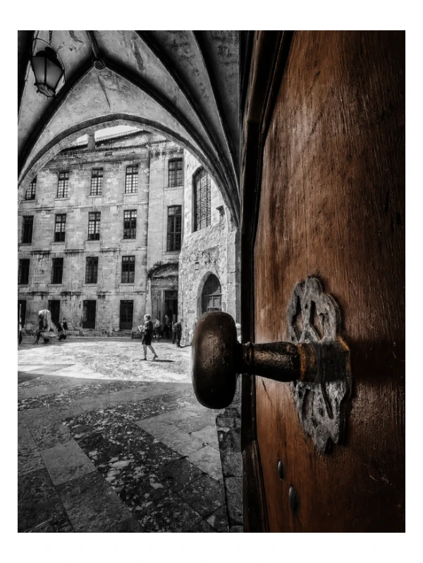 Black-and-white artistic photograph of a historic stone courtyard viewed through a partially opened wooden door with a vintage metal handle, creating a dramatic contrast between architectural shadows and warm wooden textures. Created by Serj Éty’n.