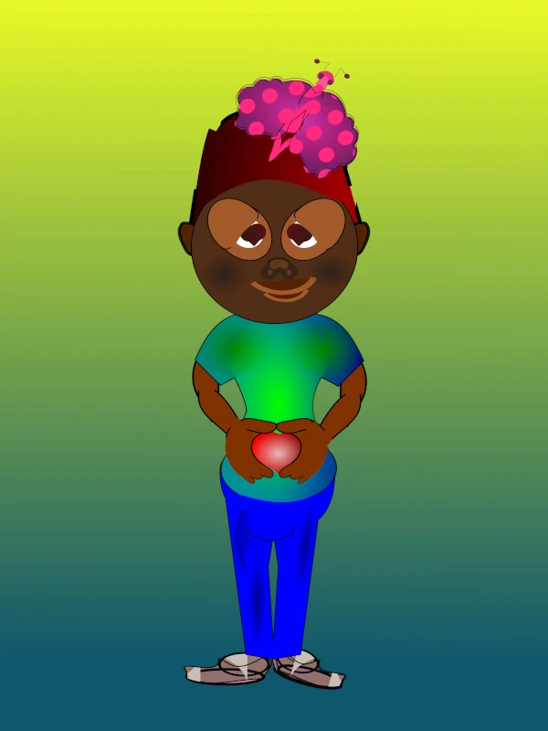 Colorful cartoon-style illustration by Serj Éty’n featuring a smiling character with exaggerated facial features, wearing a red hat topped with a pink abstract flower shape, a green shirt, blue pants, and holding a glowing red heart against a bright green gradient background.