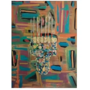 Abstract mixed-media artwork featuring colorful geometric brushstrokes and a textured central sculptural form decorated with beads, pearls, buttons, and ornamental elements symbolizing hidden Afro beauty and cultural identity.