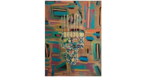 Abstract mixed-media artwork featuring colorful geometric brushstrokes and a textured central sculptural form decorated with beads, pearls, buttons, and ornamental elements symbolizing hidden Afro beauty and cultural identity.