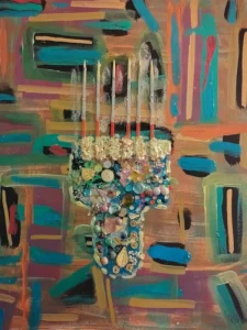 Abstract mixed-media artwork featuring colorful geometric brushstrokes and a textured central sculptural form decorated with beads, pearls, buttons, and ornamental elements symbolizing hidden Afro beauty and cultural identity.