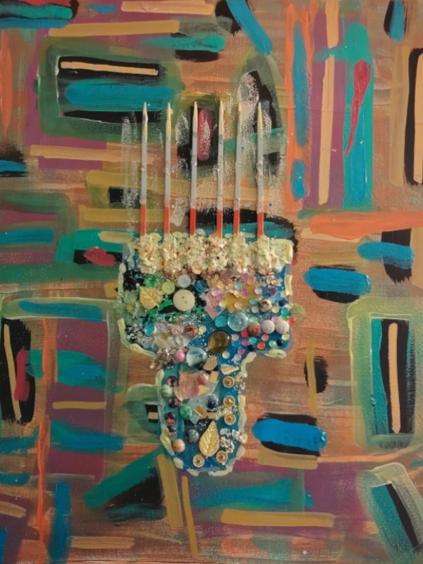 Abstract mixed-media artwork featuring colorful geometric brushstrokes and a textured central sculptural form decorated with beads, pearls, buttons, and ornamental elements symbolizing hidden Afro beauty and cultural identity.