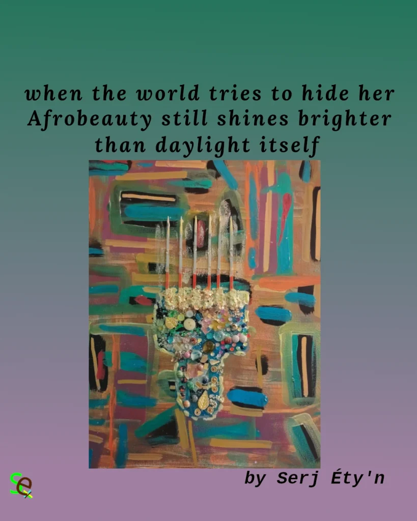 Abstract mixed-media artwork featuring colorful geometric brushstrokes and a textured central sculptural form decorated with beads, pearls, buttons, and ornamental elements symbolizing hidden Afro beauty and cultural identity.