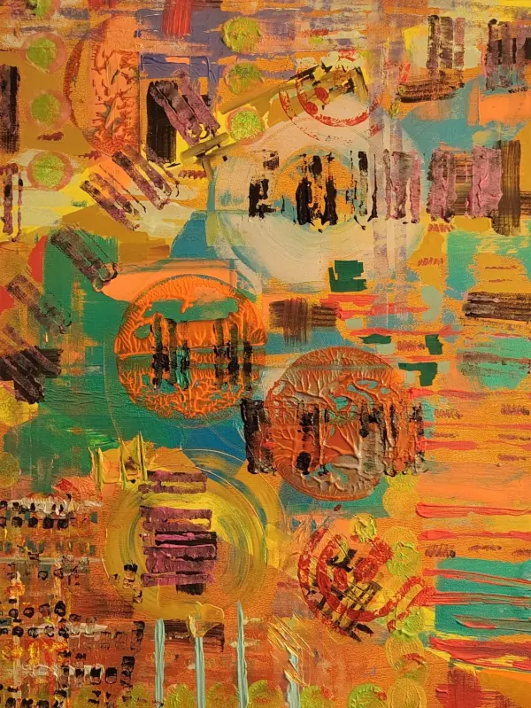 Abstract cubist artwork with vibrant orange, turquoise, and earthy tones featuring layered textures, circular celestial shapes, and expressive brush strokes, symbolizing movement, wishes, and cosmic energy Created by Serj Éty’n.