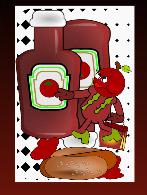 Playful pop art illustration of large ketchup bottles with a cartoon tomato character standing beside them, with bread and ketchup splashes on a patterned background.