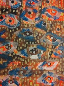 Abstract cubist-style painting featuring multiple expressive eyes layered across a textured orange, brown, blue, and white composition symbolizing surveillance, observation, and Afrofolks’ progress under constant scrutiny.