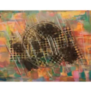 Abstract mixed-media painting featuring a large circular form surrounded by checkerboard patterns, textured dark shapes, and energetic diagonal strokes. Warm orange, coral, gold, and turquoise colors create a vibrant atmosphere inspired by Afrobeat rhythms and the cultural energy of French Guiana.