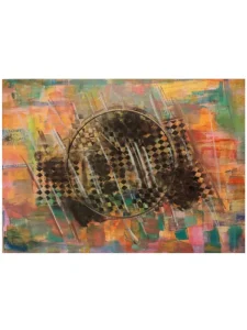 Abstract mixed-media painting featuring a large circular form surrounded by checkerboard patterns, textured dark shapes, and energetic diagonal strokes. Warm orange, coral, gold, and turquoise colors create a vibrant atmosphere inspired by Afrobeat rhythms and the cultural energy of French Guiana.