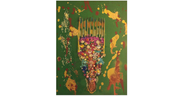 Mixed-media artwork featuring an ornate Afro pick comb decorated with colorful jewels, beads, flowers, and metallic embellishments on a textured green background with gold and brown paint splashes. The comb resembles a ceremonial throne, symbolizing Afro beauty, elegance, and cultural pride. Created by Serj Éty’n.