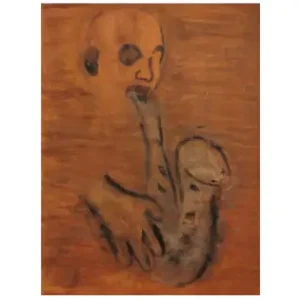Abstract expressionist painting showing a ghostlike human figure emerging from warm sepia and brown tones, evoking jazz, introspection, and emotional depth.