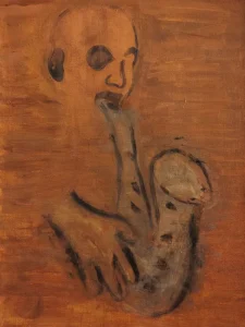 Abstract expressionist painting showing a ghostlike human figure emerging from warm sepia and brown tones, evoking jazz, introspection, and emotional depth.