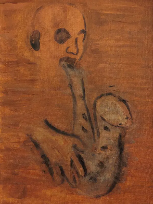Abstract expressionist painting showing a ghostlike human figure emerging from warm sepia and brown tones, evoking jazz, introspection, and emotional depth.