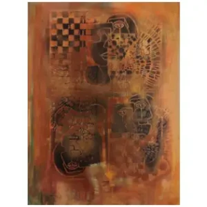 Abstract cubist artwork featuring layered human faces and symbolic organic patterns in warm brown, orange, and bronze tones, creating a mysterious and emotional atmosphere inspired by anima and animus duality.