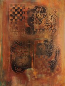 Abstract cubist artwork featuring layered human faces and symbolic organic patterns in warm brown, orange, and bronze tones, creating a mysterious and emotional atmosphere inspired by anima and animus duality.