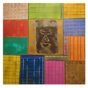 "Maré to Kanmza (Tie Your Kanmza)" – Abstract acrylic painting by Serj Éty'n featuring a stylized face surrounded by colorful geometric grid patterns inspired by the kanmza, the traditional waist cloth worn by women in French Guiana during traditional dances. The artwork celebrates Guyanese cultural heritage, identity, rhythm, and ancestral pride through bold colors and symbolic abstraction.
