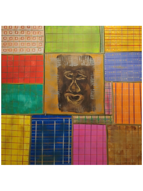 "Maré to Kanmza (Tie Your Kanmza)" – Abstract acrylic painting by Serj Éty'n featuring a stylized face surrounded by colorful geometric grid patterns inspired by the kanmza, the traditional waist cloth worn by women in French Guiana during traditional dances. The artwork celebrates Guyanese cultural heritage, identity, rhythm, and ancestral pride through bold colors and symbolic abstrac