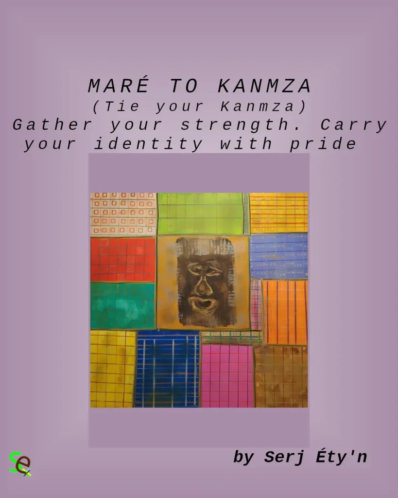 Digital artwork featuring an abstract painting by Serj Éty’n accompanied by an inspirational quote. The visual combines expressive textures, vivid colors, and symbolic forms, reflecting themes of resilience, identity, nature, and spiritual strength. The design includes the artist’s signature and text integrated into the composition.